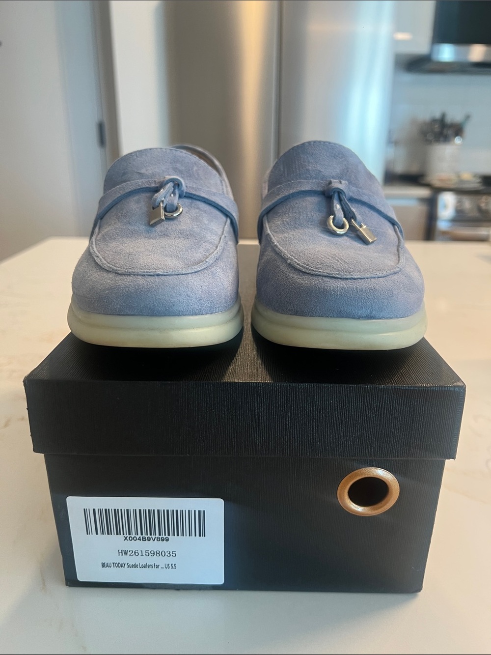 Light Blue Suede Men's Loafers with Metal Accent